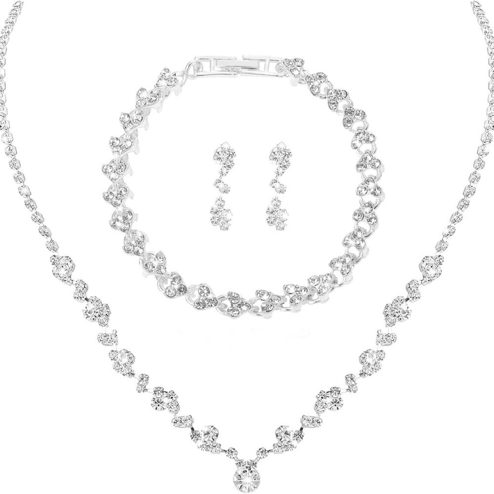 Bridal Jewelry Set for Wedding, Elegant Rhinestone Necklace Earrings Bracelet fo - Picture 1 of 7